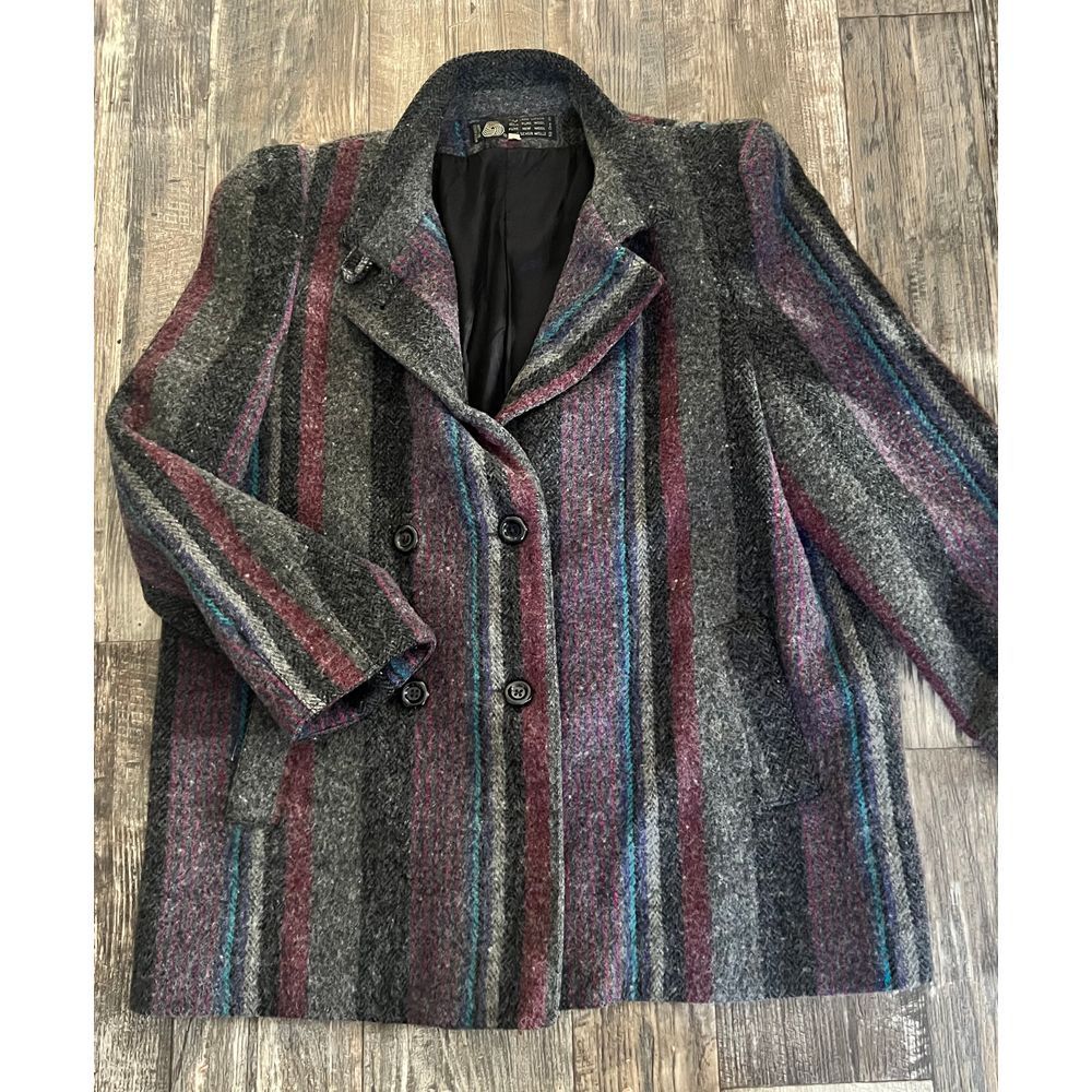 Vintage Striped Wool Blend Double Breasted Peacoat Gray Multi Color 80 Coat L XL